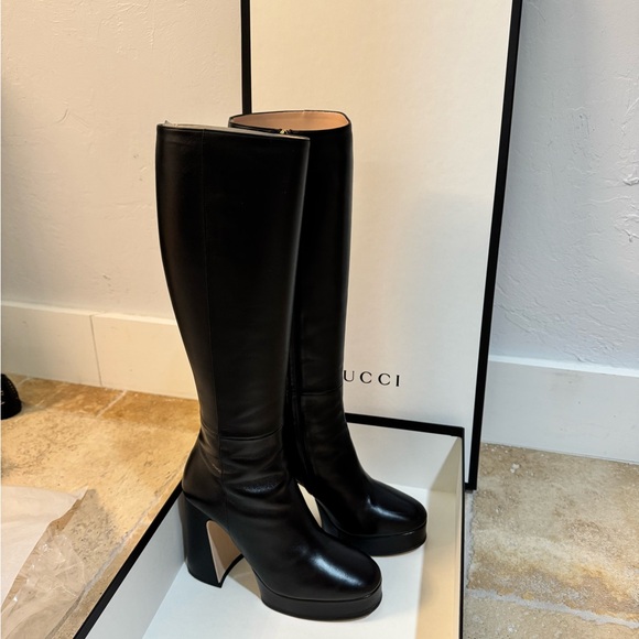 Gucci Shoes - Gucci Nappa Charlotte Nero Boots. Black. 95mm Madame Leather Block Hill.